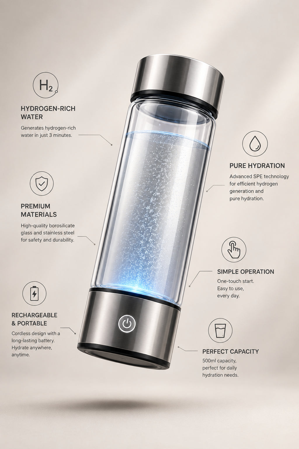 Hydrogen Water Bottle — Portable Generator · 500ml · USB-C