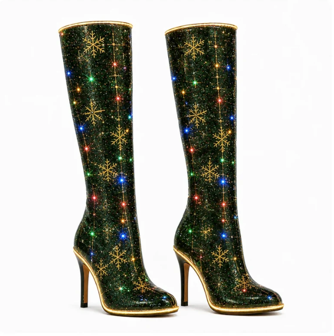 Christmas Green Stiletto Boots — Emerald · Knee-High · LED