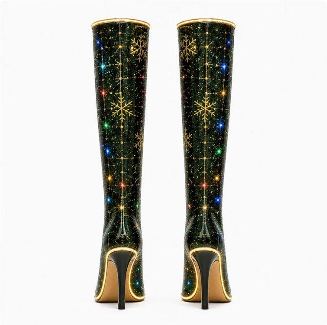 Christmas Green Stiletto Boots — Emerald · Knee-High · LED