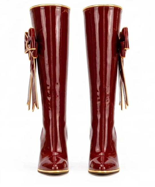Red Velvet Stiletto Boots — Deep Red · Knee-High · Gold Trim