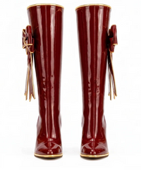 Red Velvet Stiletto Boots — Deep Red · Knee-High · Gold Trim