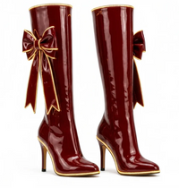 Red Velvet Stiletto Boots — Deep Red · Knee-High · Gold Trim