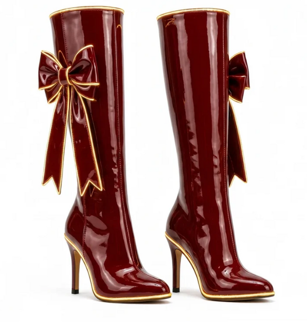 Red Velvet Stiletto Boots — Deep Red · Knee-High · Gold Trim