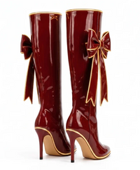Red Velvet Stiletto Boots — Deep Red · Knee-High · Gold Trim